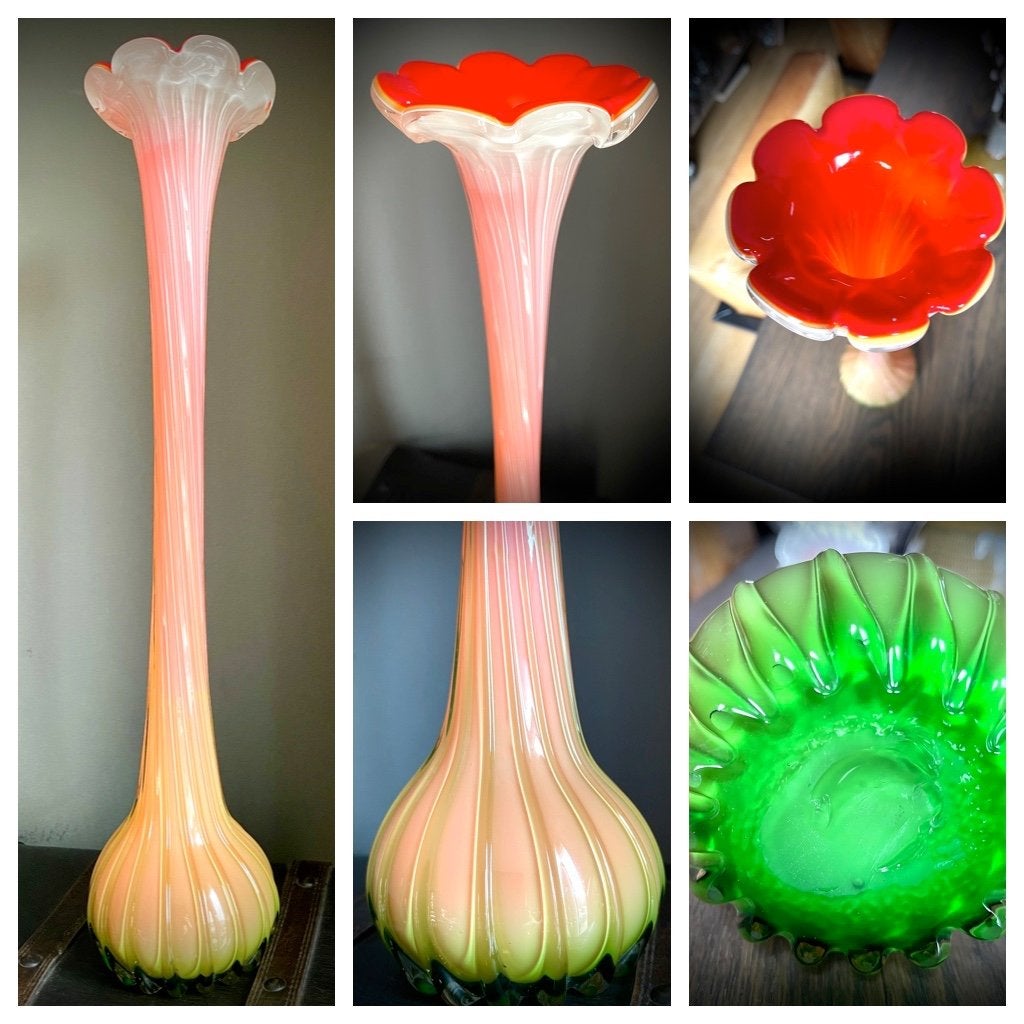 Vaas Vintage hoog glas rood groen wit curiosa bloem Antiek, Verzenden