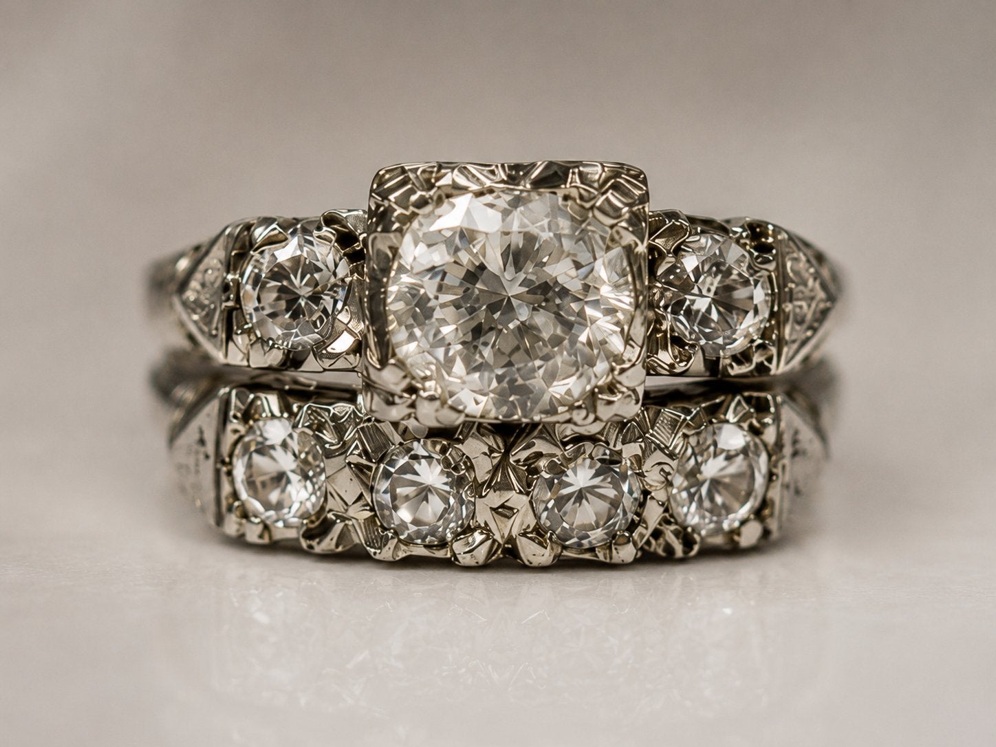 Antieke Art Deco diamanten bridal set | 14K | ca. 1915–1925, Sieraden, Tassen en Uiterlijk, Ringen, 18 tot 19, Gebruikt, Ophalen of Verzenden