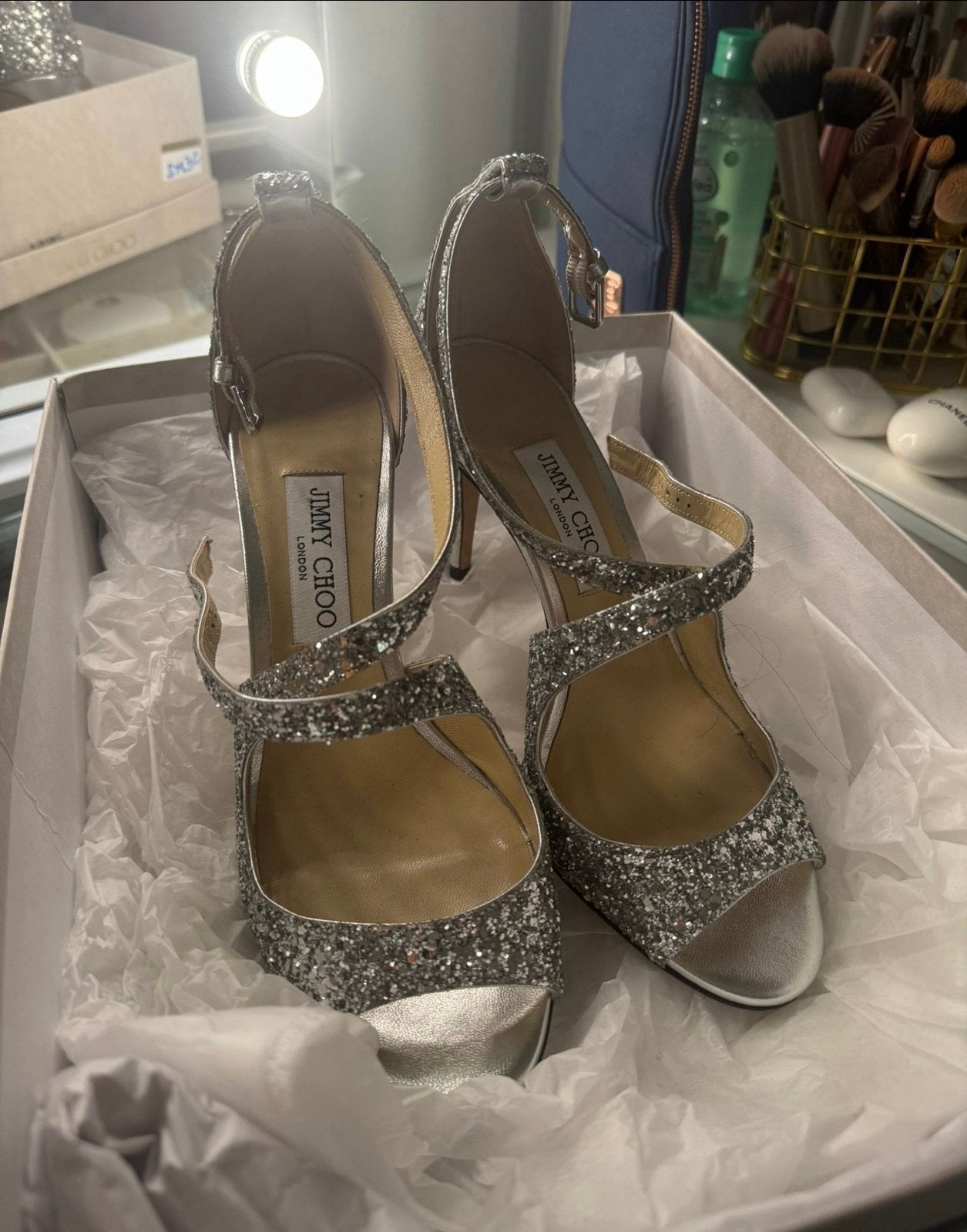 Jimmy Choo Sandalen Maat 39 - Glitter Zilver, Ophalen, Gedragen, Overige kleuren, Sandalen of Muiltjes