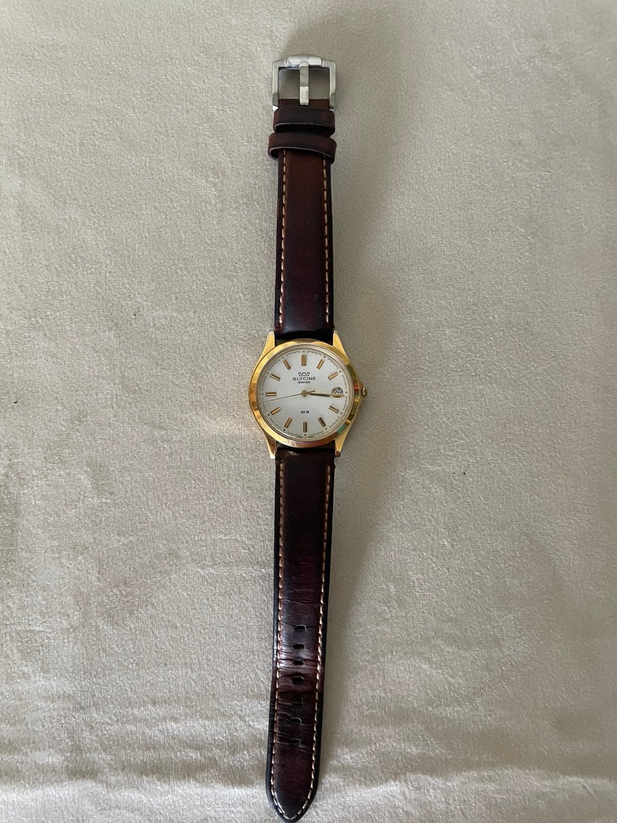 Vintage Glycine swiss horloge, quartz. Goed lopend, Overige merken, Polshorloge, Ophalen of Verzenden, Leer