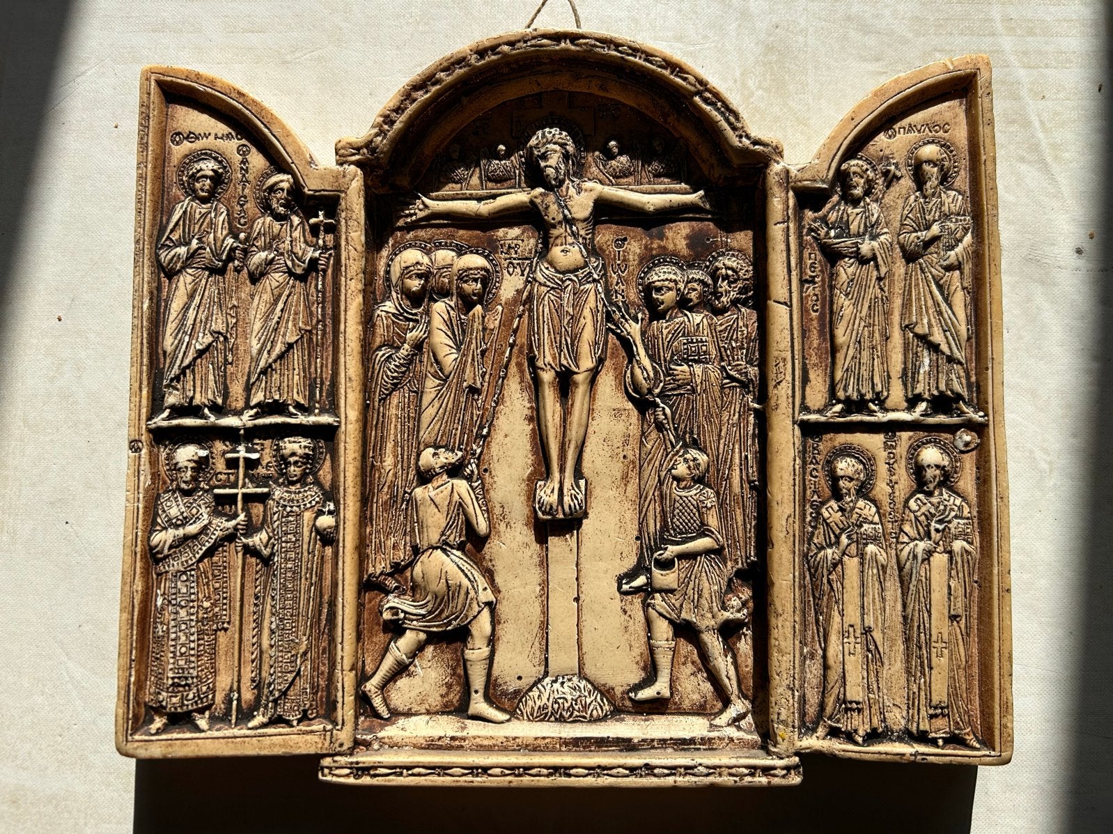 Antiek religieus diptiek met kruisiging, Ophalen of Verzenden