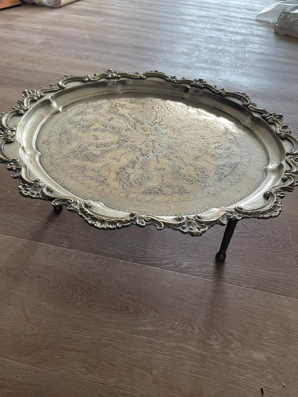 Marokkaanse handgemaakte messing theetafel – vintage, Ophalen of Verzenden, Zo goed als nieuw, Rond, Metaal