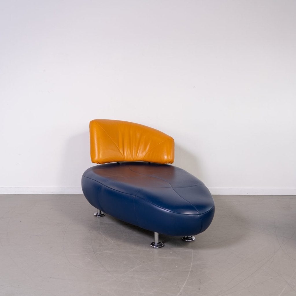 Leolux Kikko Chaise Longue Fauteuil Blauw/Geel Leer