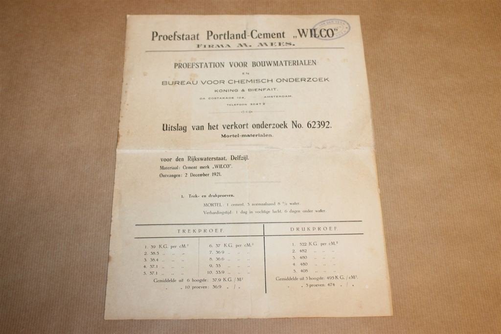 Proefstaat Portland Cement Wilco Delfzijl 1921 !!, Ophalen of Verzenden, Zo goed als nieuw