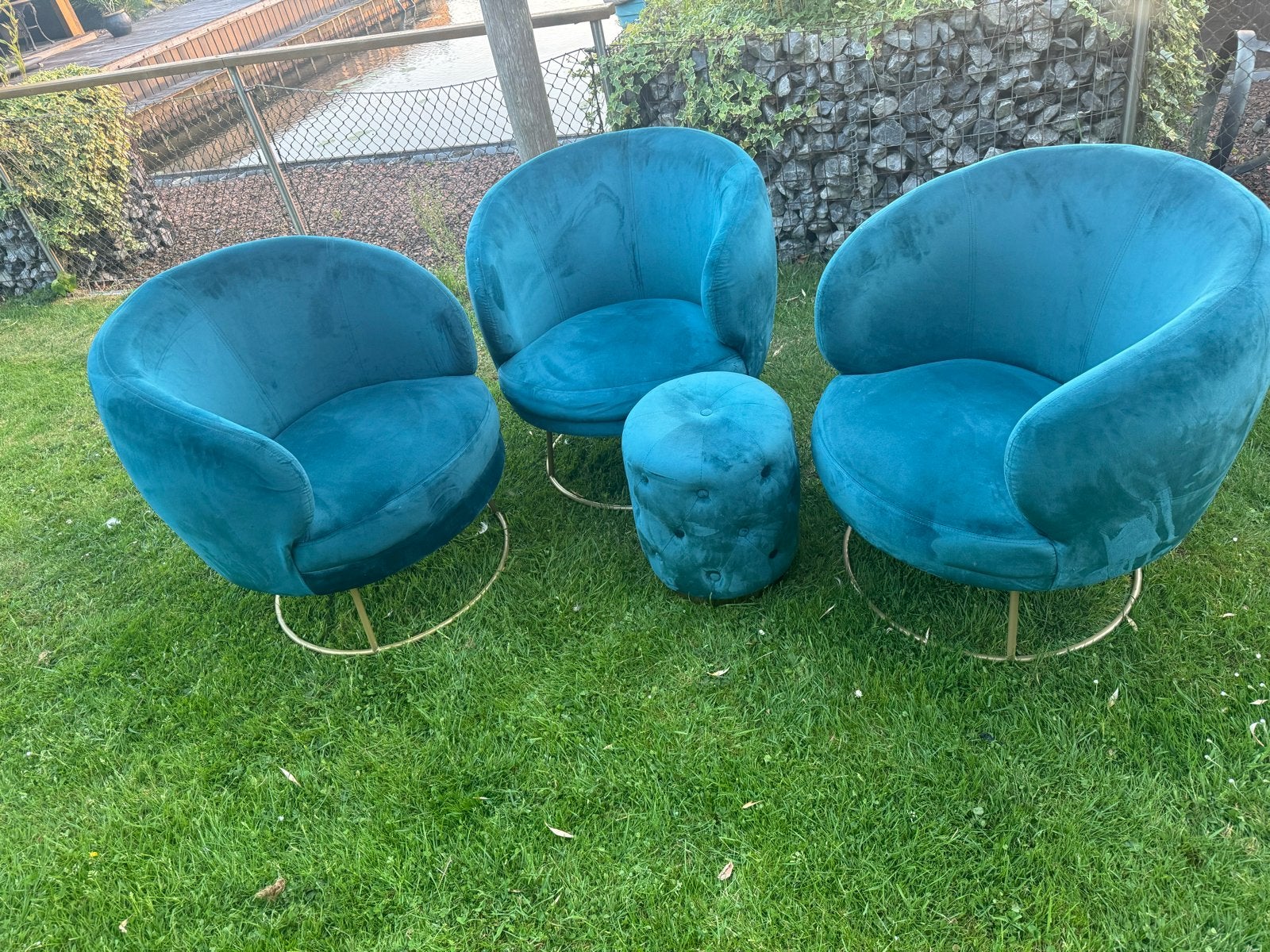 PTMD Fauteuils (3x) met poef - Blauw fluweel, Huis en Inrichting, Ophalen, Gebruikt, Stof, 75 tot 100 cm