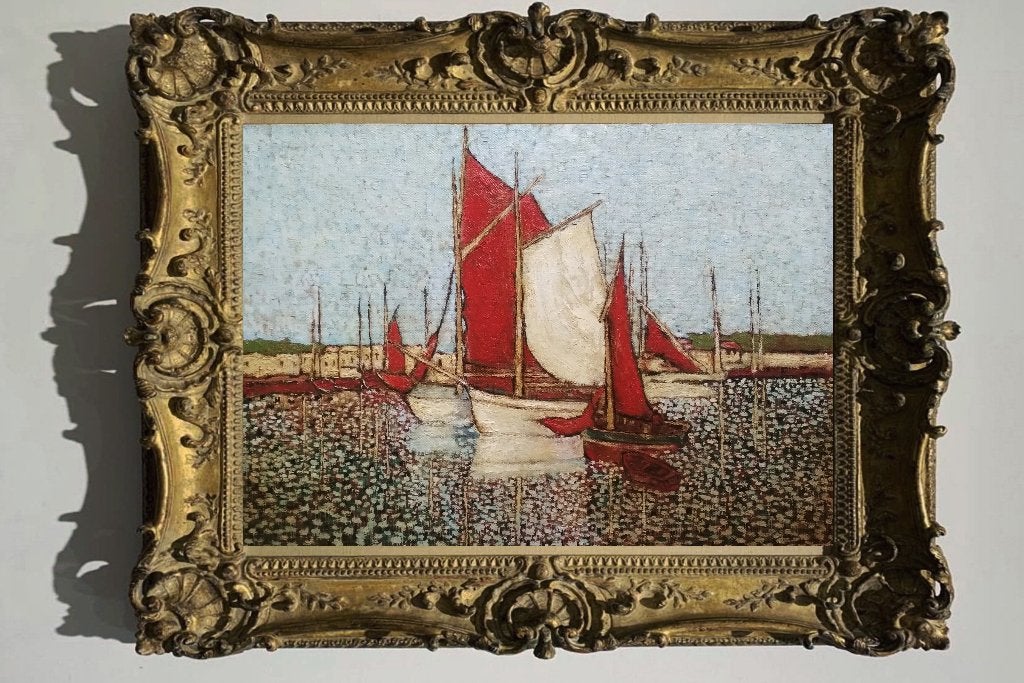 "Vissersboten in de haven", Doek, Impressionistisch, Ophalen of Verzenden, Olieverf