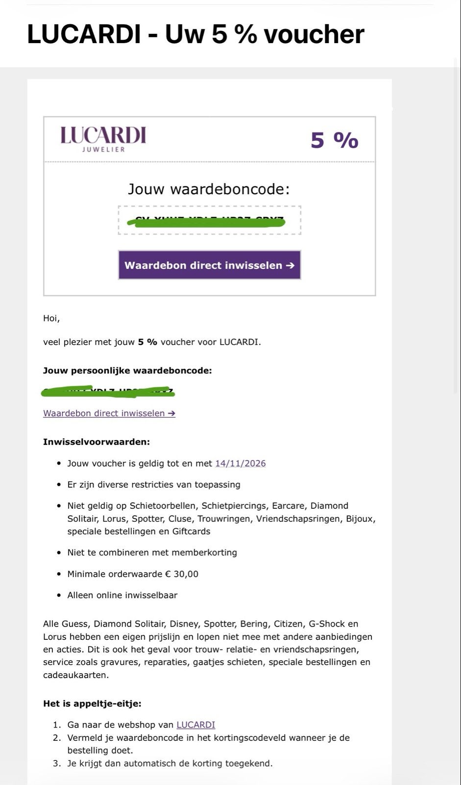 5 % kortingscode voor LUCARDI, Kortingsbon