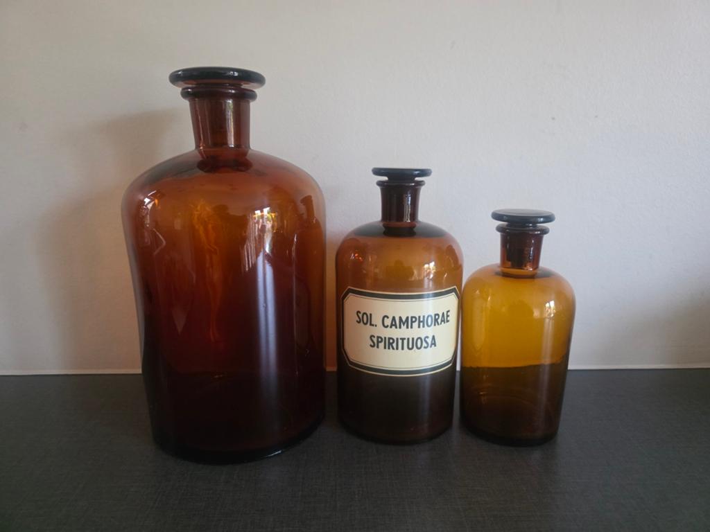 Set van 3 Antieke Apothekersflessen - Amberkleurig Glas, Ophalen of Verzenden