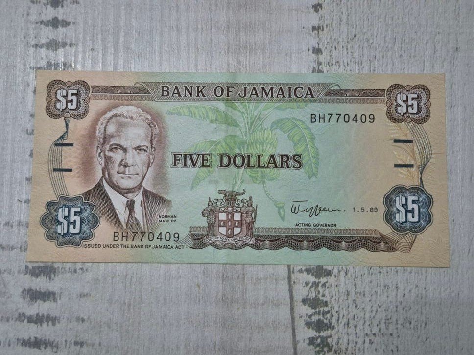 Jamaica 5 Dollars 1989 UNC - Oude Bankbiljetten, Ophalen of Verzenden, Noord-Amerika