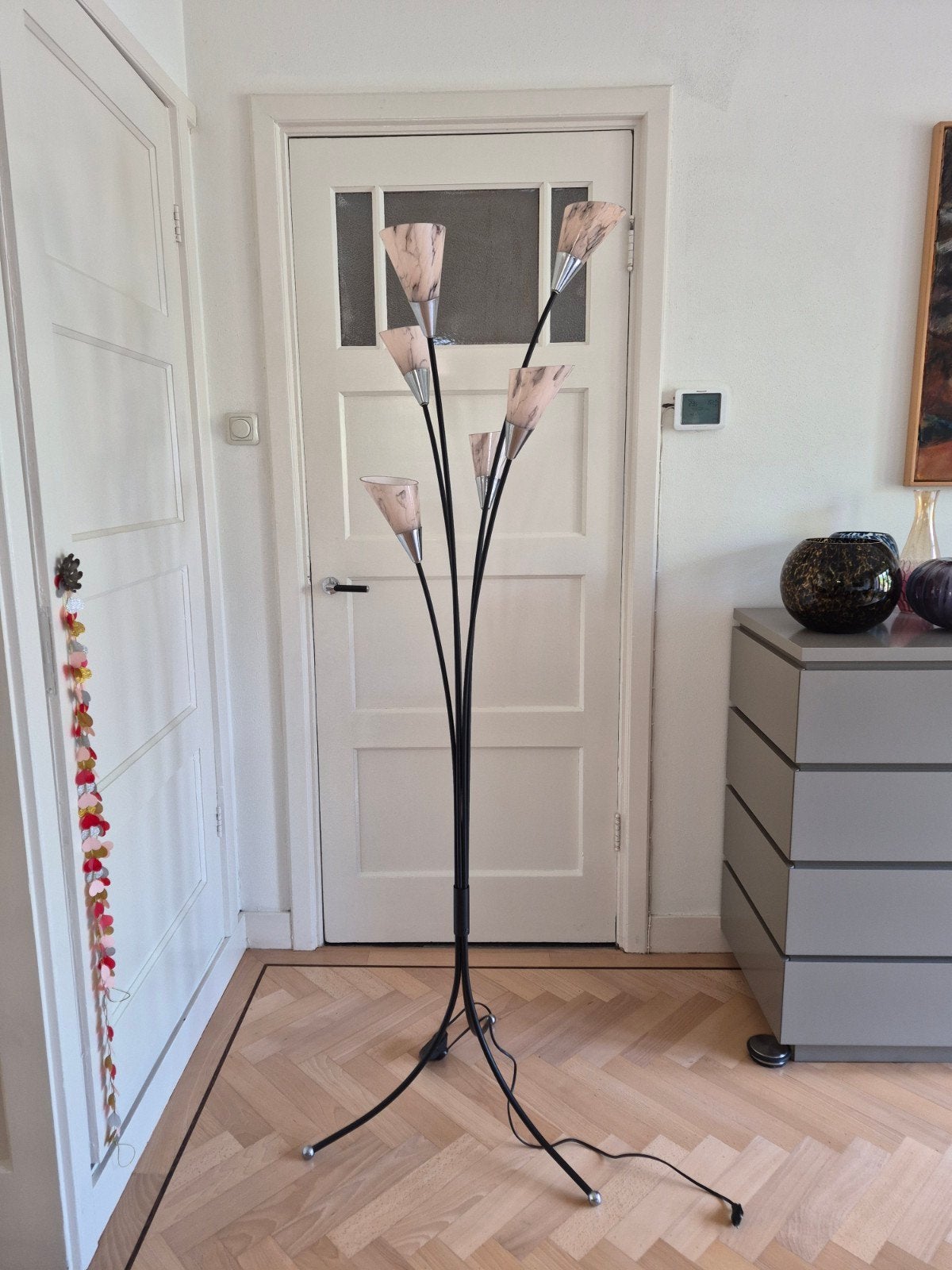 gratis!! Vintage Jaren 30 vloerlamp met 6 marmerlook glazen, Ophalen, Gebruikt, Vintage, Glas
