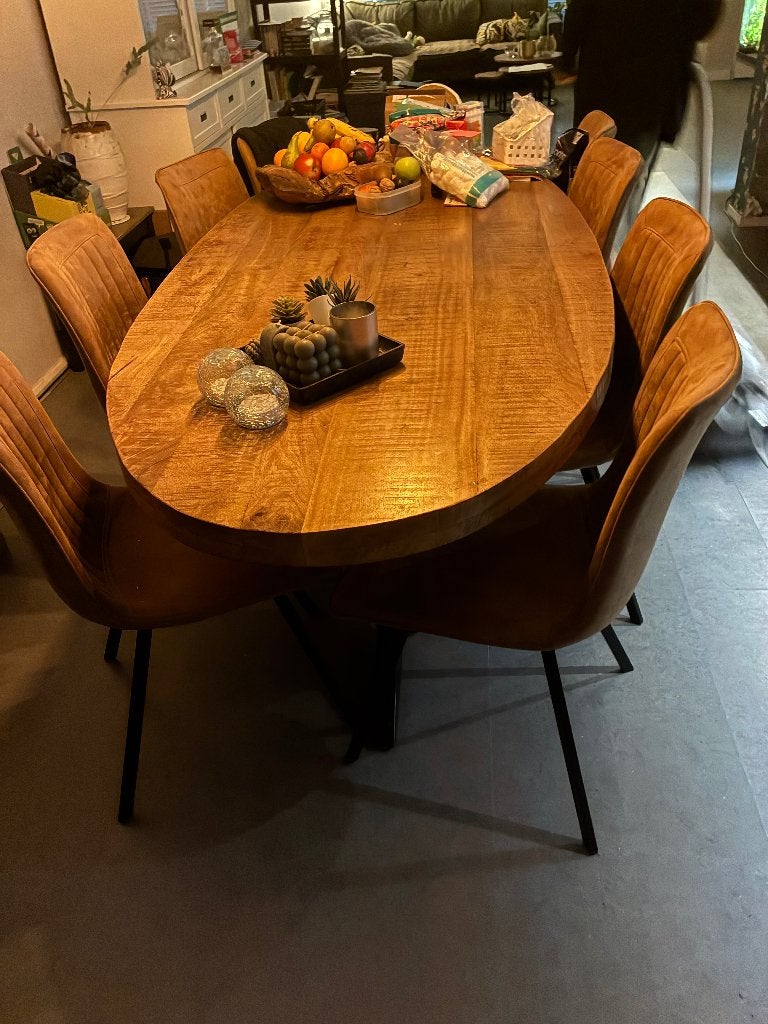Eettafel van mango hout 2200x1000 met stalen poot, Ophalen, 100 tot 150 cm, 200 cm of meer, Zo goed als nieuw