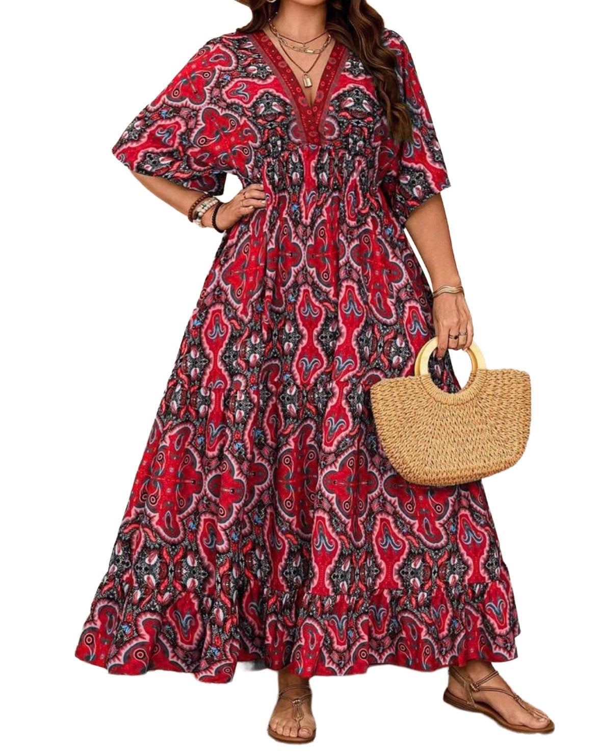 Maxi Jurk met Paisley Print en V-hals (44-52), Kleding | Dames, Verzenden, Nieuw, Rood, Jurk