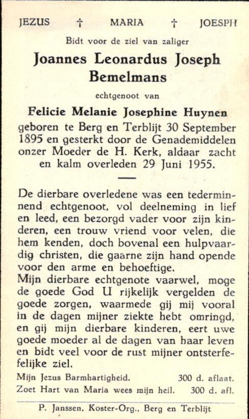 Bemelmans Joannes Leonardus J. 1895-1955 Berg en Terblijt, Verzamelen, Ophalen of Verzenden