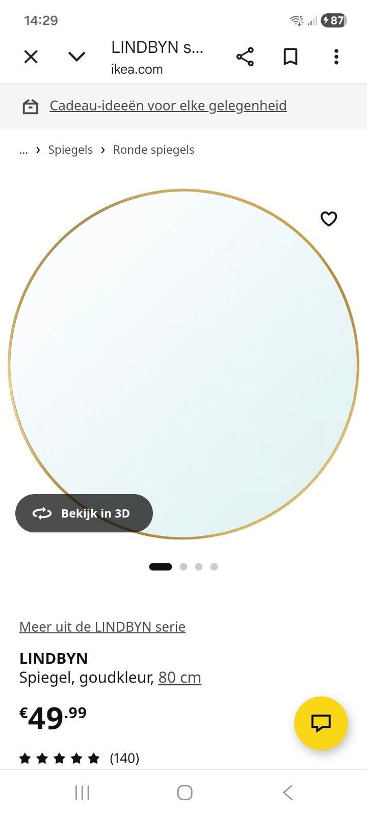Grote ronde spiegel, Ophalen, Rond, Zo goed als nieuw, 75 tot 100 cm
