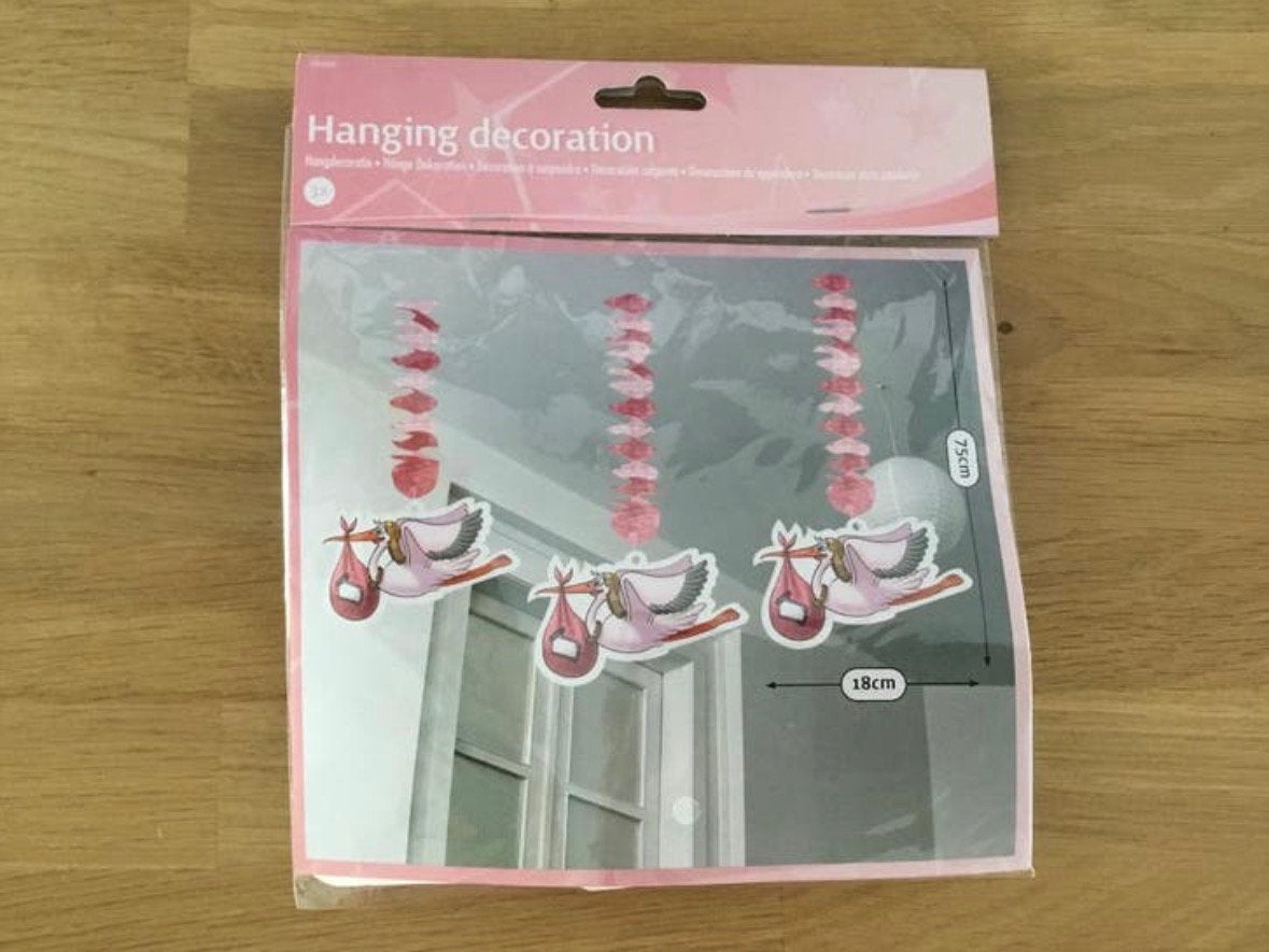 Hangdeco / swirls ooievaar roze - 3 st | geboorte dochter, Ophalen of Verzenden, Nieuw, Versiering, Geboorte of Huwelijk