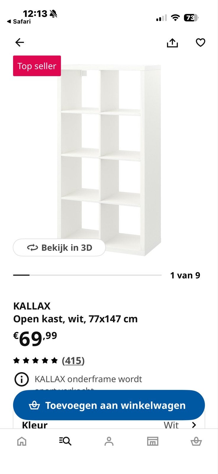 IKEA Kallax open kast, wit, 8 vakken ,77x147 cm, Ophalen, 100 tot 150 cm, 50 tot 100 cm, Zo goed als nieuw
