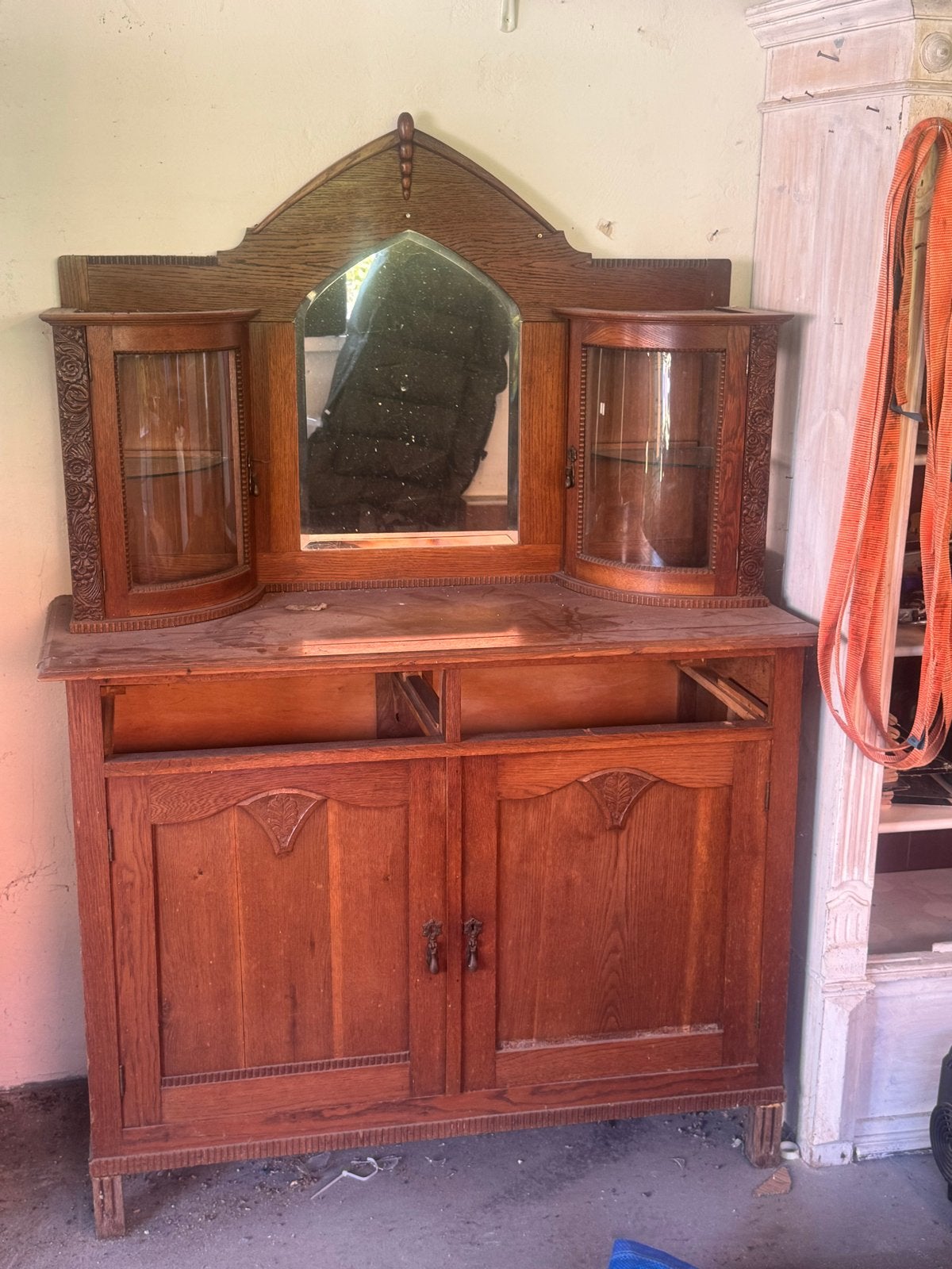 Antieke kaptafel/kast met spiegel en vitrinekastjes, Huis en Inrichting, Ophalen, Gebruikt, Hout, 100 tot 150 cm