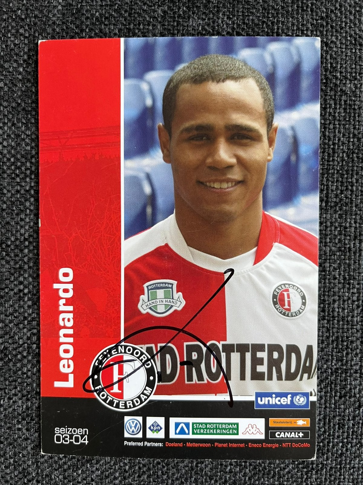Feyenoord spelerskaart Leonardo met handtekening, Ophalen of Verzenden, Zo goed als nieuw, Feyenoord, Spelerskaart