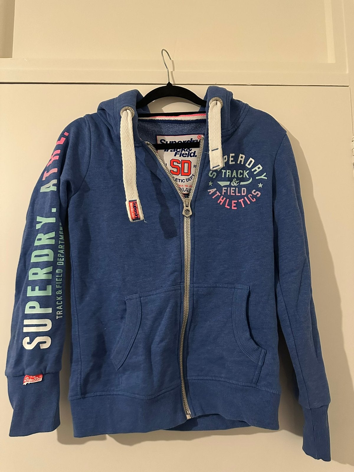 Blauwe superdry zip up hoodie, Ophalen of Verzenden, Zo goed als nieuw, Maat 38/40 (M), Blauw