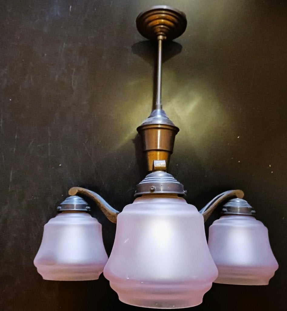 Prachtige Authentieke Art Deco Hanglamp 3-Armig Brons, Ophalen, Gebruikt, Art Deco Elementen / Jugendstil / Klassiek Belgisch Frans