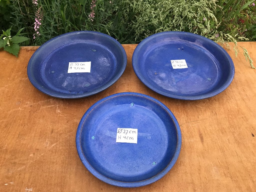 Set plantenschotels - geglazuurd - blauw - IKEA MYNTA, 25 tot 40 cm, Rond, Ophalen of Verzenden, Zo goed als nieuw
