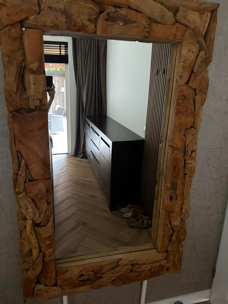 Mooie grote spiegel teak hout, Antiek en Kunst, Antiek | Spiegels, Ophalen, Rechthoekig, 50 tot 100 cm, 150 tot 200 cm