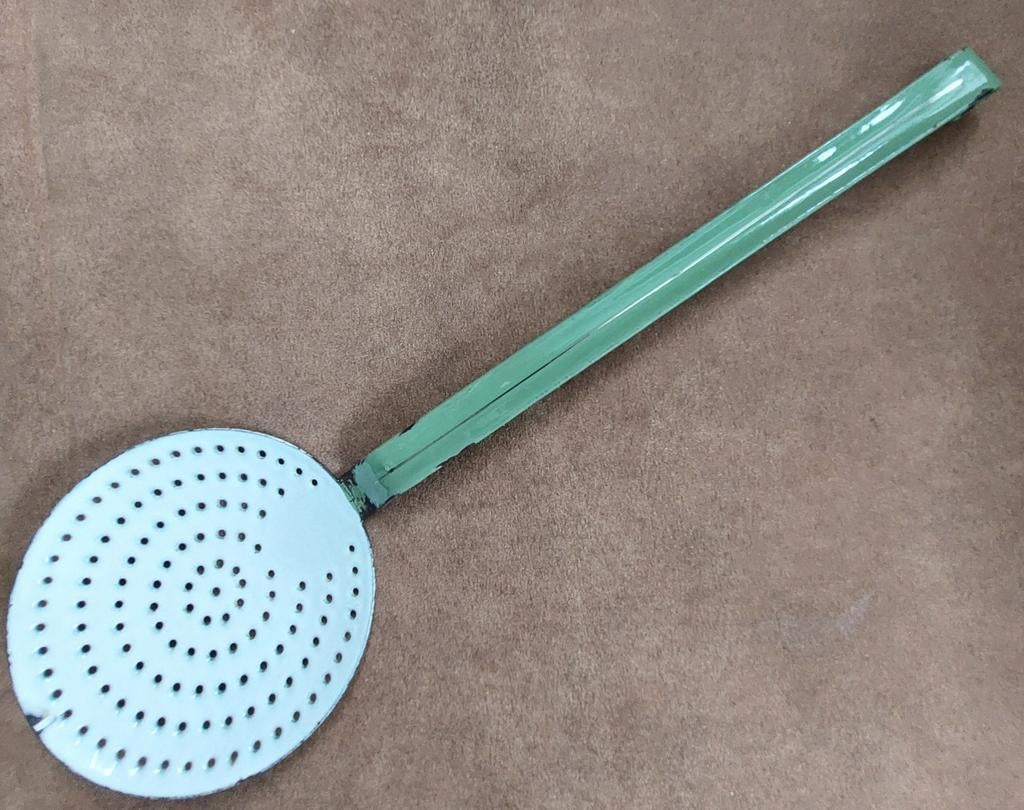 Brocante groen emaille schuimspaan, Ophalen of Verzenden