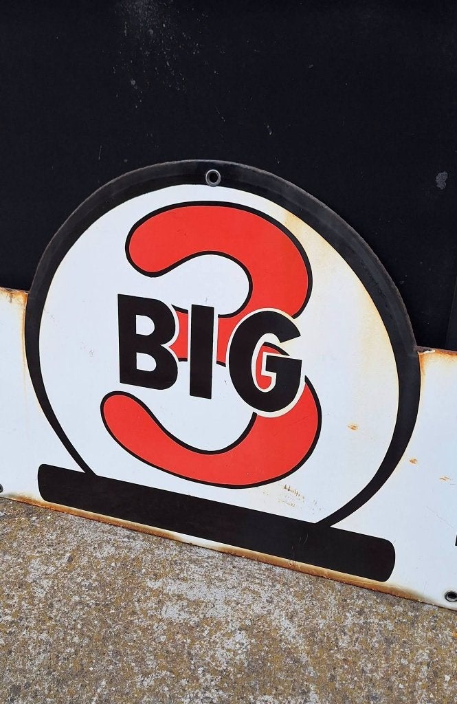 Uniek & antiek emaille bord Big 3 Industry uit Texas Amerika, Ophalen, Reclamebord, Gebruikt, .