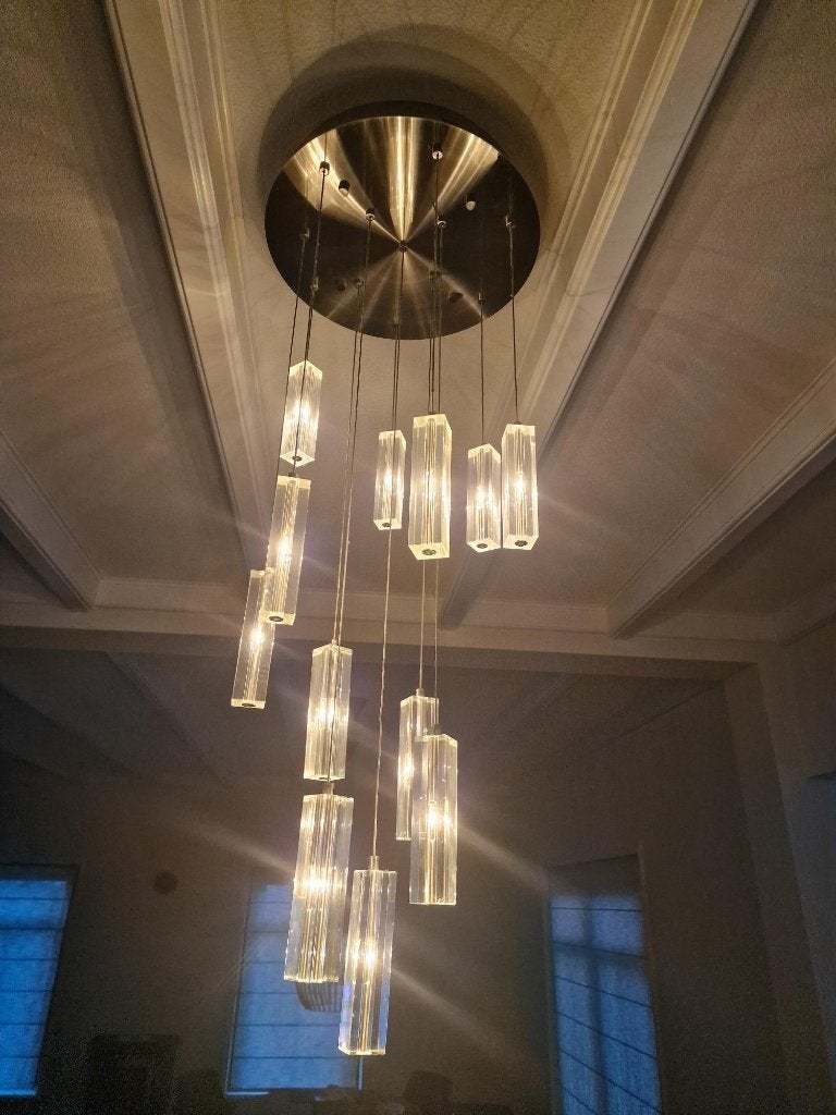 Moderne Luxe Hanglamp met Glazen Kokers (Chroom) – 12 lichts, Ophalen, Gebruikt, Glas, Modern / Hotel Chique / Industrieel