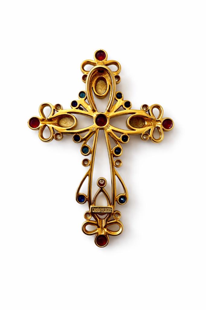 Caren Pfleger kruis hanger 14K goud: opaal, diamanten,safier, Gebruikt, Ophalen of Verzenden, Goud, Goud