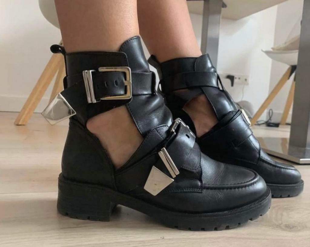 Sacha 37 zwarte leren laarsjes cut-out bikerboots leer zwart, Kleding | Dames, Schoenen, Ophalen, Zwart, Lage of Enkellaarzen