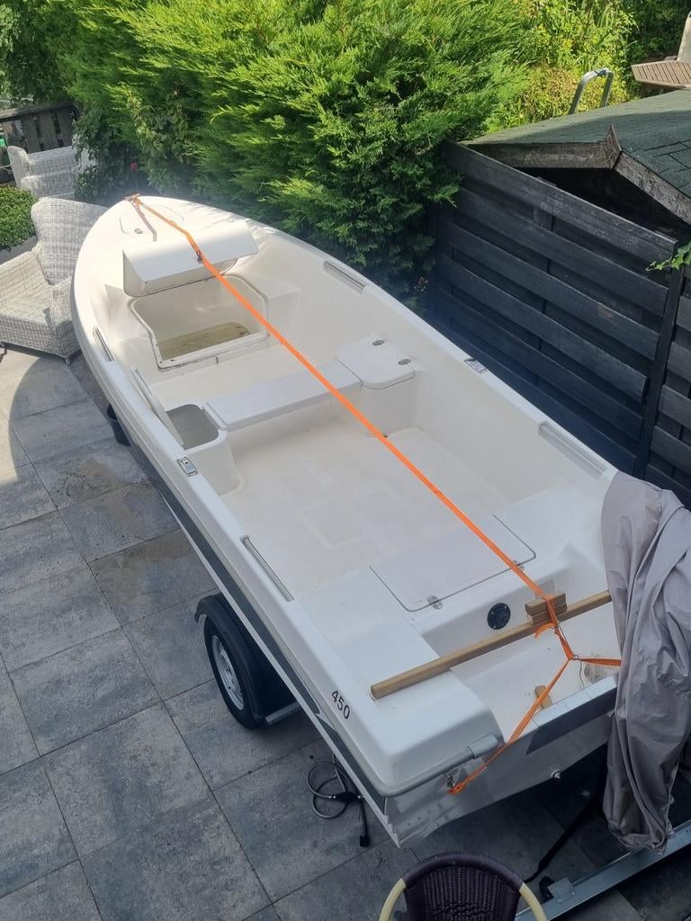 Tour of visboot nieuw 450 merk met nieuwe trailer, Tot 10 pk, Ophalen of Verzenden, Zo goed als nieuw, 3 tot 6 meter
