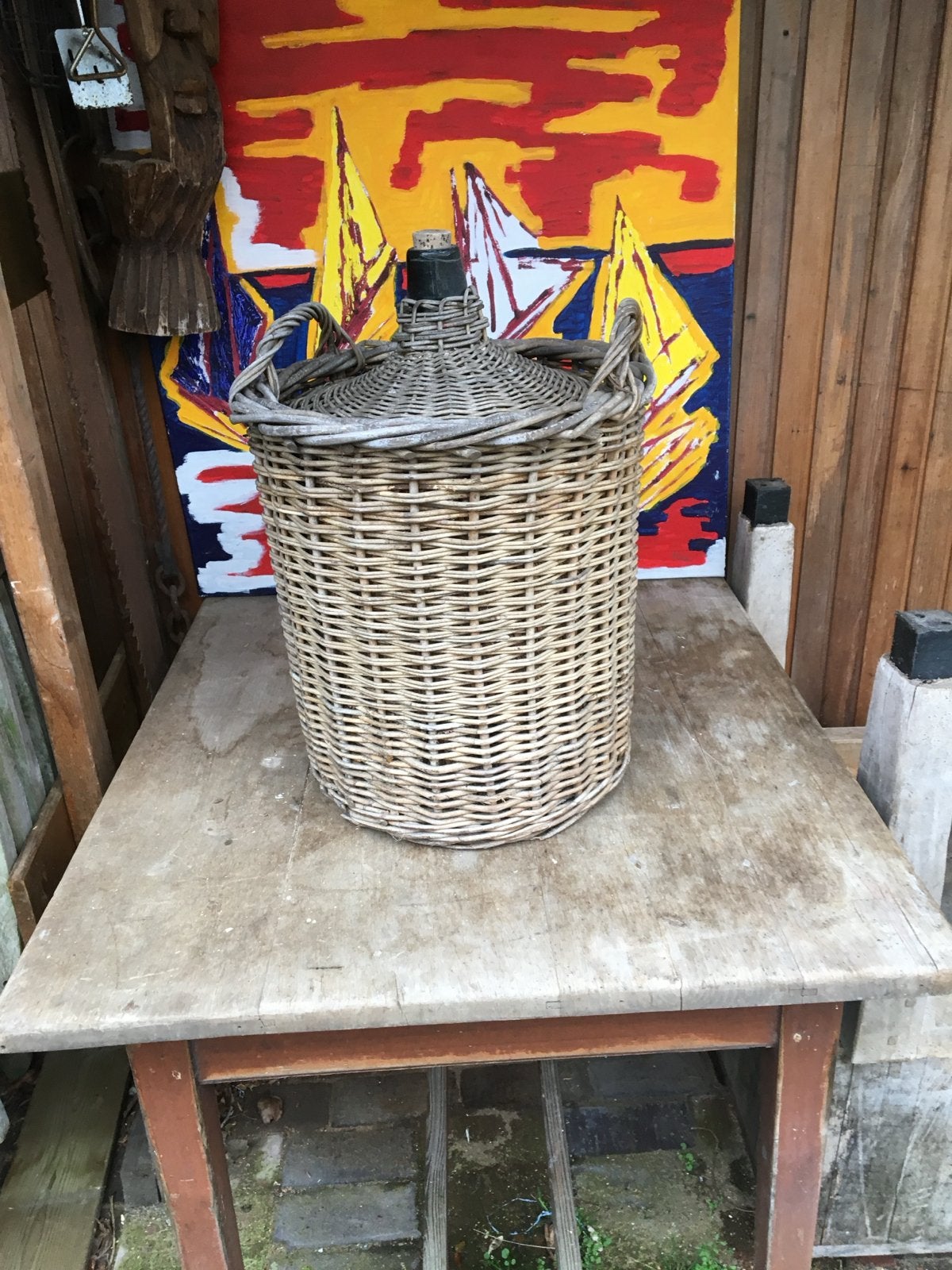 Grote rieten mand met glazen fles - Vintage, Ophalen