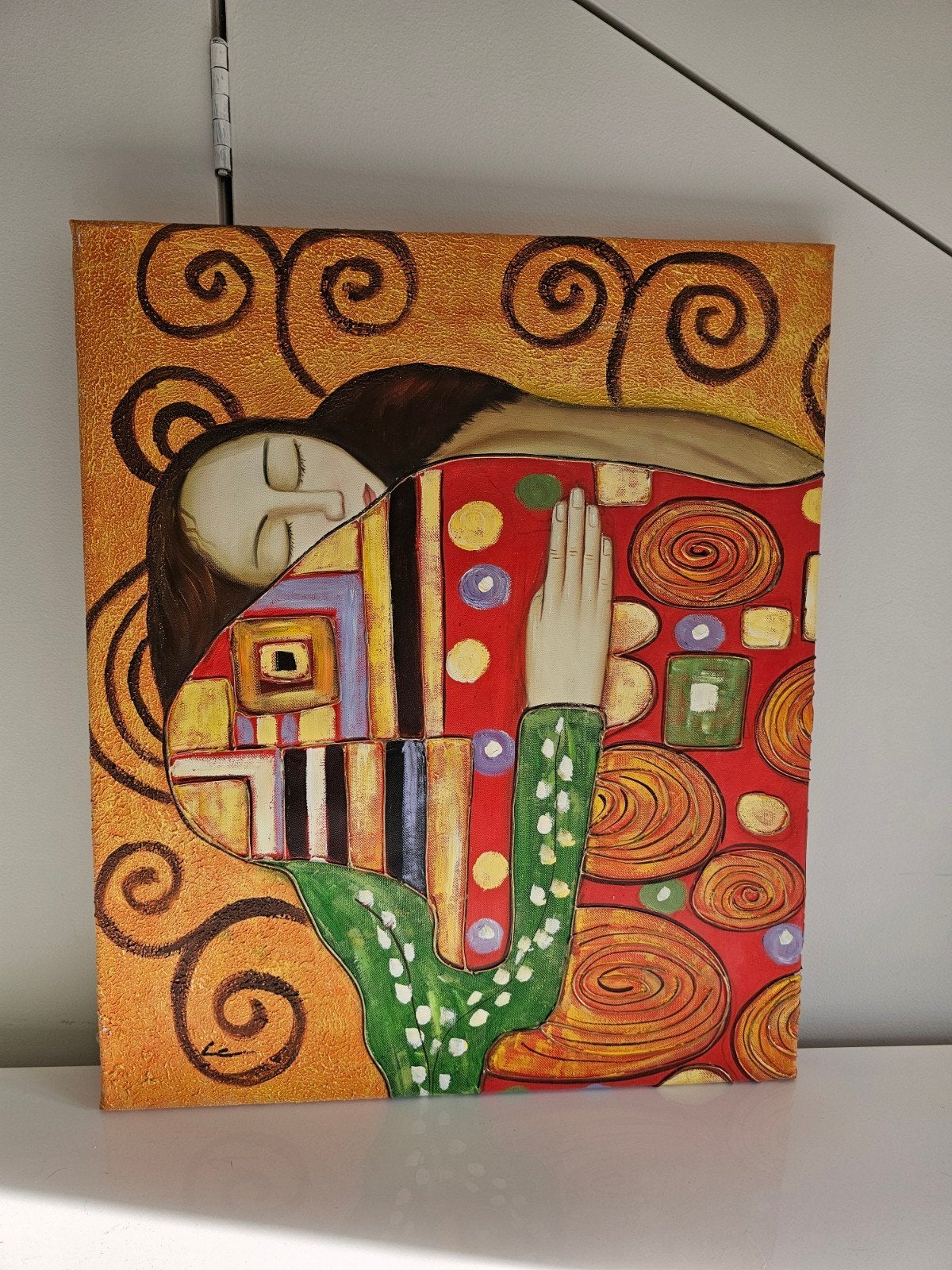 Olieverfschilderij 'De Omhelzing' in stijl van Gustav Klimt, Antiek en Kunst, Ophalen of Verzenden, Figuren