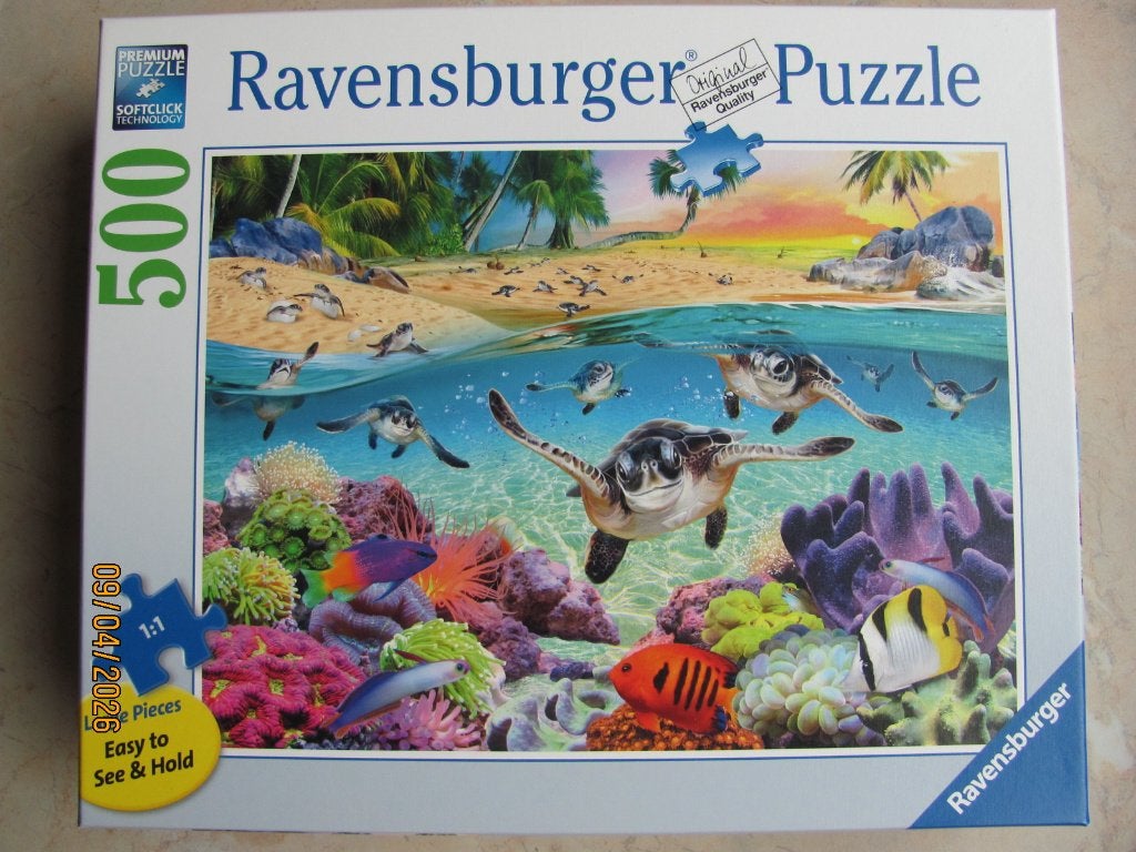 NIEUWSTAAT 500 XL p PUZZEL Baby Zeeschildpadden RAVENSBURGER, Ophalen of Verzenden, 500 t/m 1500 stukjes, Zo goed als nieuw, Legpuzzel
