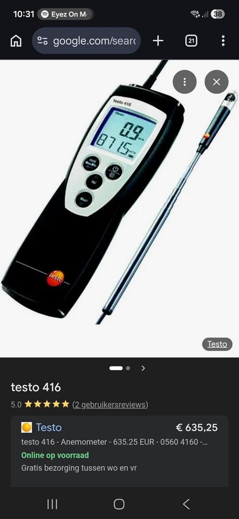 Testo 416 Luchtstroommeter - Vleugelrad Anemometer, Ophalen of Verzenden, Zo goed als nieuw, Overige meters