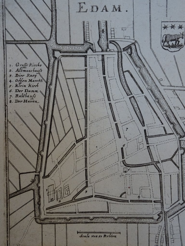 gravure plattegrond Edam, Caspar Merian, 1670, Gelezen, Voor 1800, Ophalen of Verzenden, Landkaart