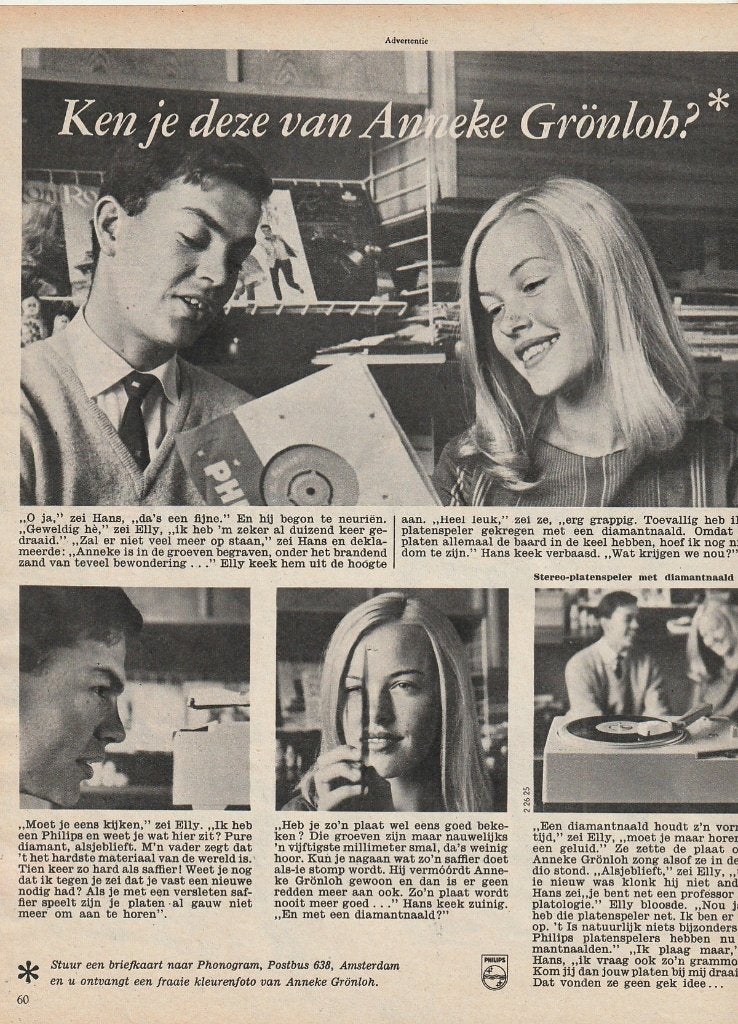 Retro reclame 1962 Philips platenspeler Anneke Grönloh, Verzamelen, Verzenden, Overige typen