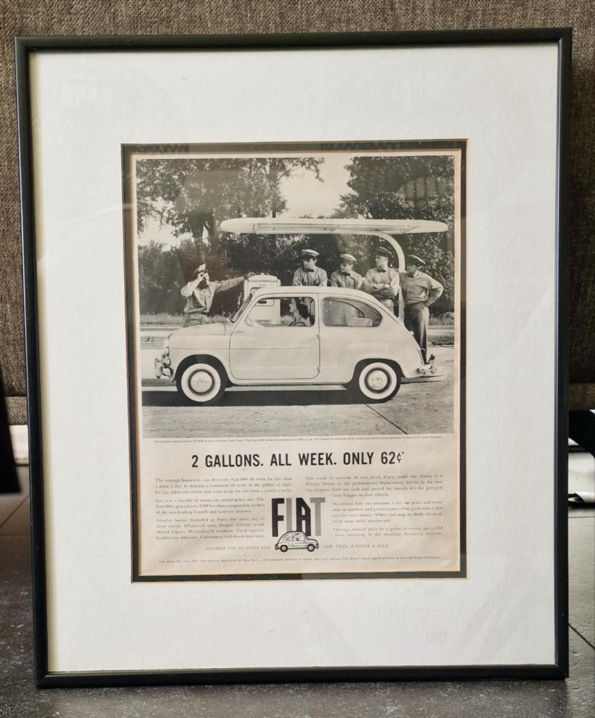 Oude ingelijste reclame Fiat 600, Ophalen of Verzenden, Auto's