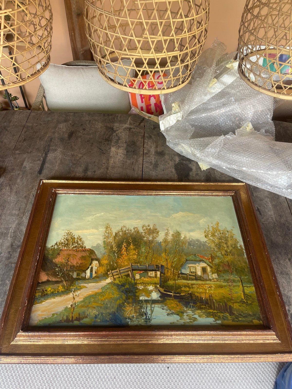 Schilderij met landschap en water, 86,5x66,5cm, Doek, Realistisch, Ophalen of Verzenden, Landschap