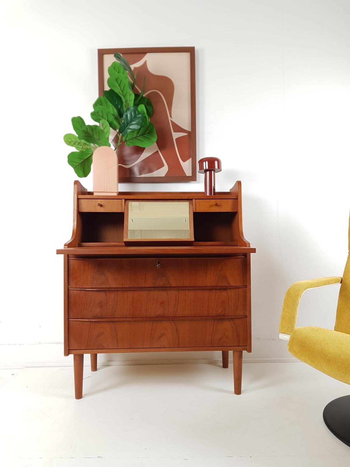 Vintage secretaire teak hout spiegetje | bureautje, Ophalen of Verzenden, Huis en Inrichting