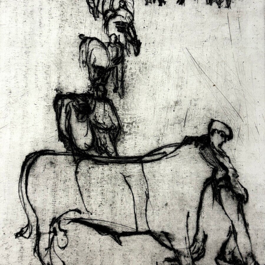Jan Stroosma (1928-1983) - ‘Defilé stierenkeuring’, Antiek en Kunst, Ophalen of Verzenden, Flora en Fauna, Ets, Gesigneerd