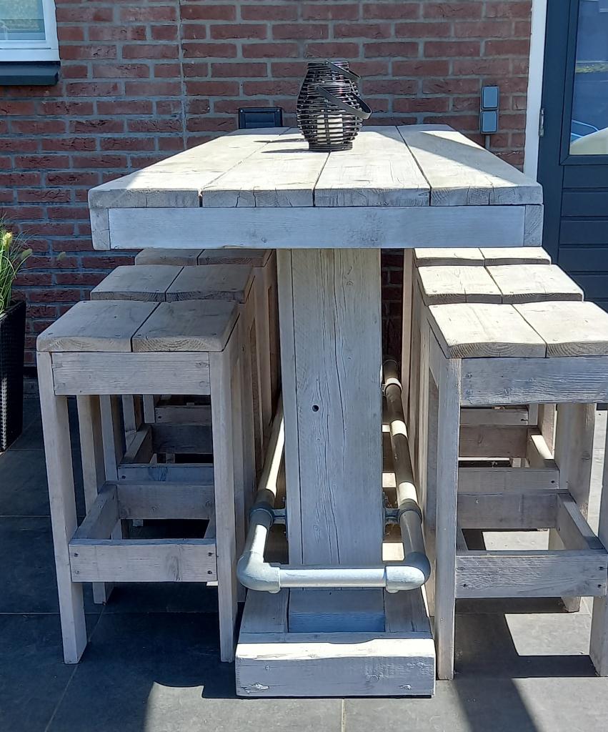 Stoere robuuste bartafel met 8 krukken, Ophalen, Gebruikt, Steigerhout, 8 zitplaatsen