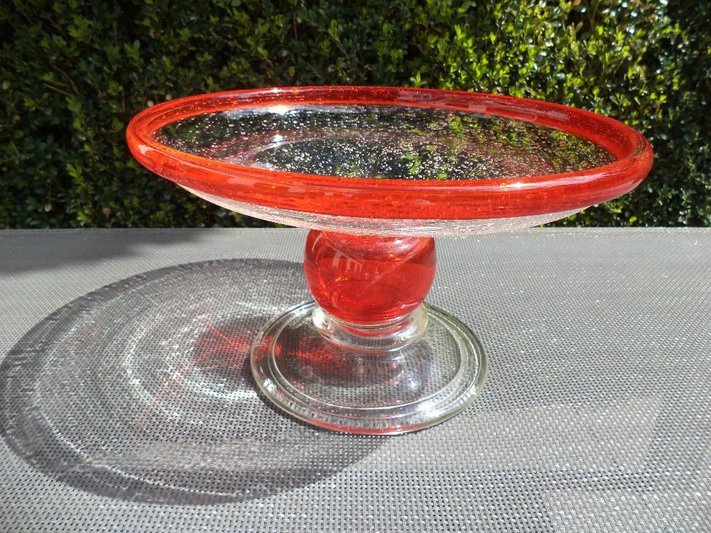 vintage design schaal op voet oranje-rood glas luchtbellen, Ophalen of Verzenden