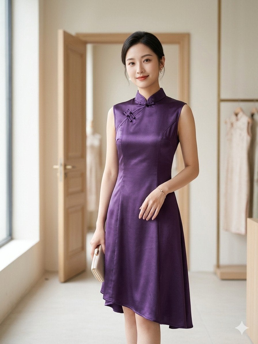 Elegante paarse Qipao / Cheongsam – Maat S Zo goed als nieuw, Overige typen, Verzenden, Paars, Zo goed als nieuw