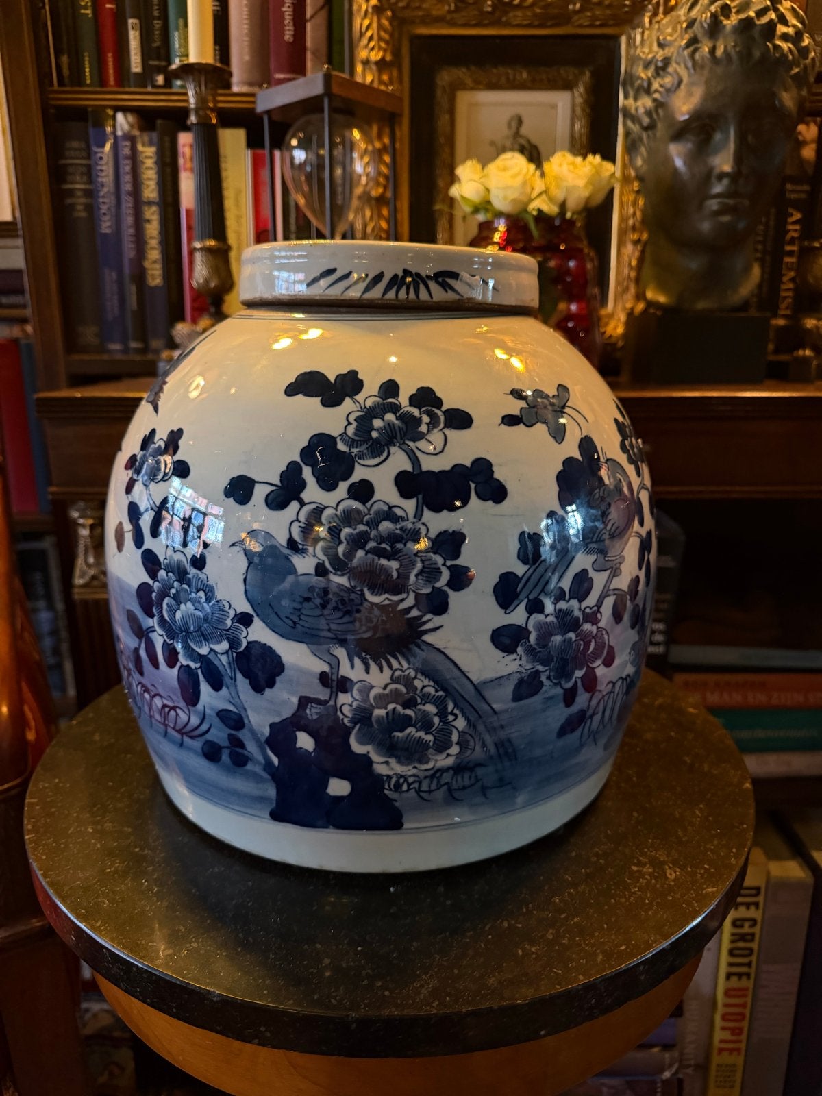 Grote Chinese gemberpot met deksel, blauw-wit decor, 28 cm, Ophalen