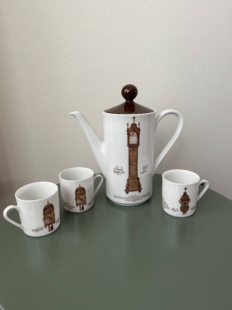 Vintage koffieset met klokmotief - koffiepot en 3 kopjes, Ophalen
