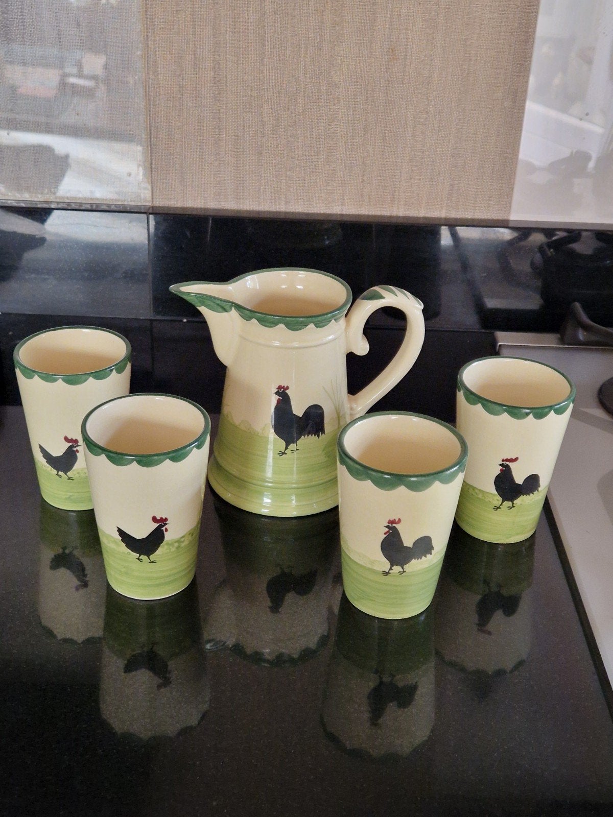 Set Zeller Keramiek Kip-Haan Schenkkan en 4 drinkbekers., Ophalen of Verzenden