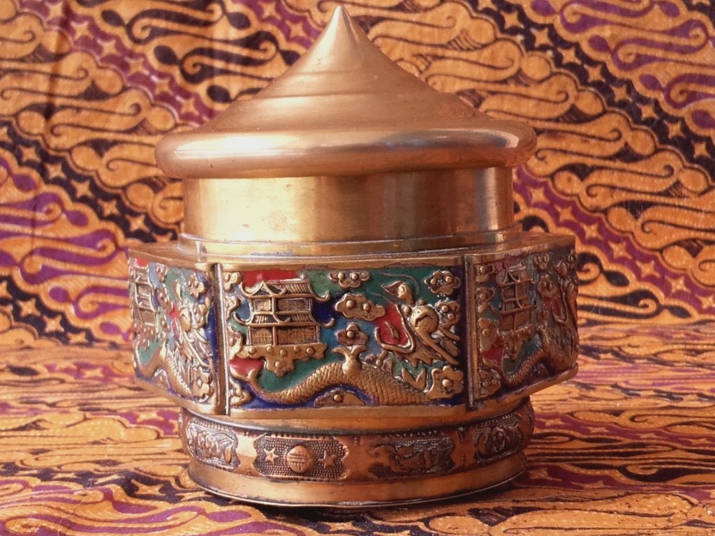 Mooie oude Chinese kruidenpot van koper en emaille 11,5 cm., Antiek en Kunst, Ophalen of Verzenden