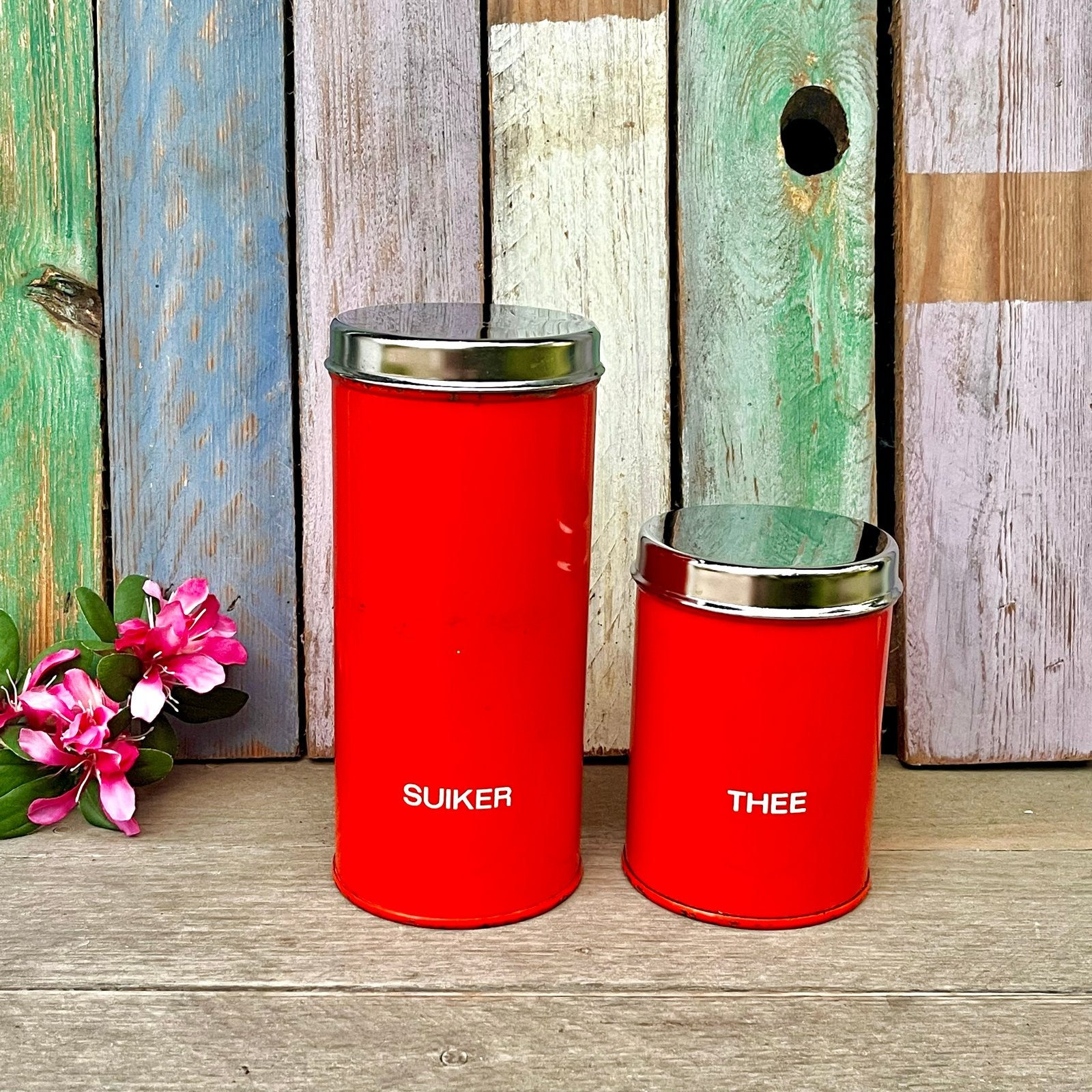 Vintage oranje Brabantia voorraadblikken suiker en thee blik, Ophalen of Verzenden
